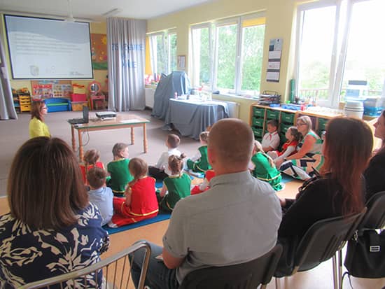 Zdjęcie osób siedzących tyłem do obiektywu, oglądających grupę przedszkolaków podczas zajęć kodowania.