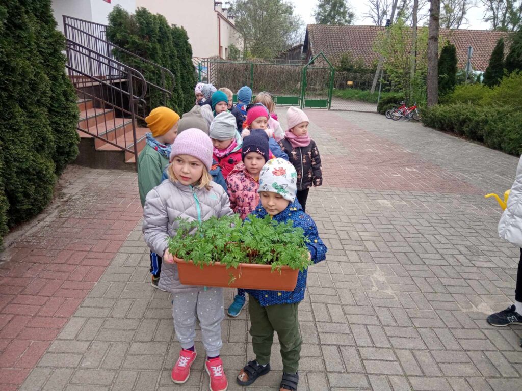 Zdjęcie przedstawia grupę dzieci na dziedzińcu przedszkola.