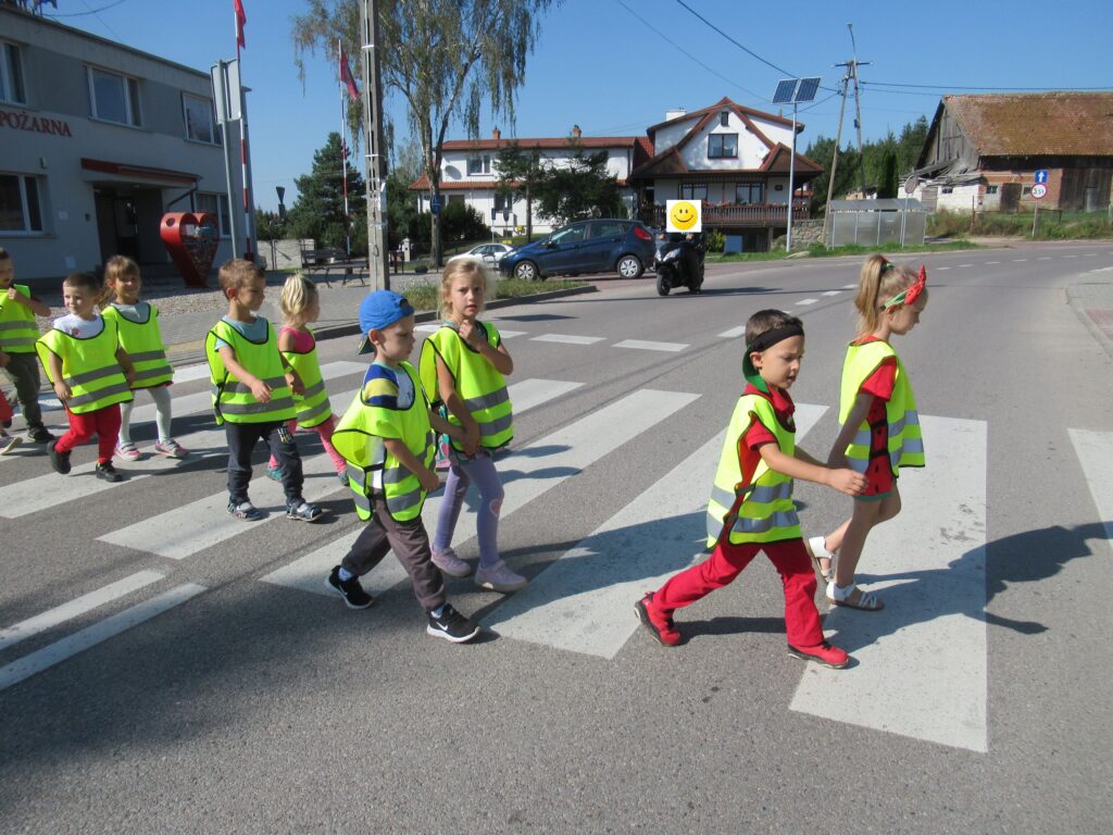 Zdjęcie przedstawia grupę dzieci - wszyscy znajdują się na ulicy na przejściu dla pieszych. W oddali widać budynki oraz innego uczestnika ruchu drogowego.