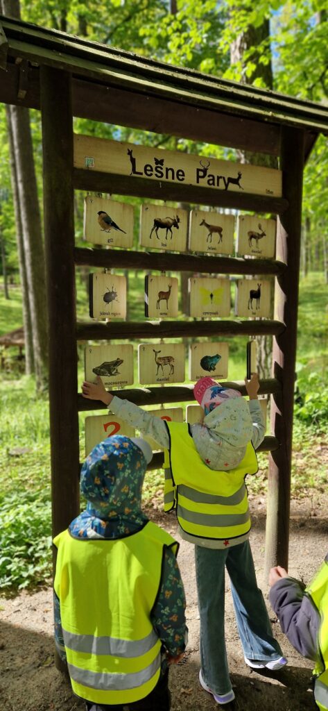 Zdjęcie przedstawia dzieci podczas zabawy na ścieżce edukacyjnej w Arboretum.