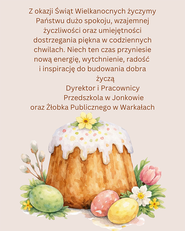 Kartka z życzeniami o treści jak we wstępie artykułu zawierająca grafikę ciasta świątecznego i jaj wielkanocnych.