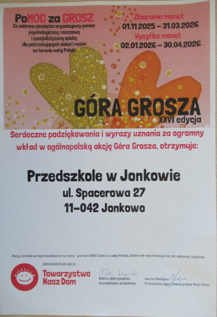 Zdjęcie przedstawia podziękowania za udział w akcji góra grosza